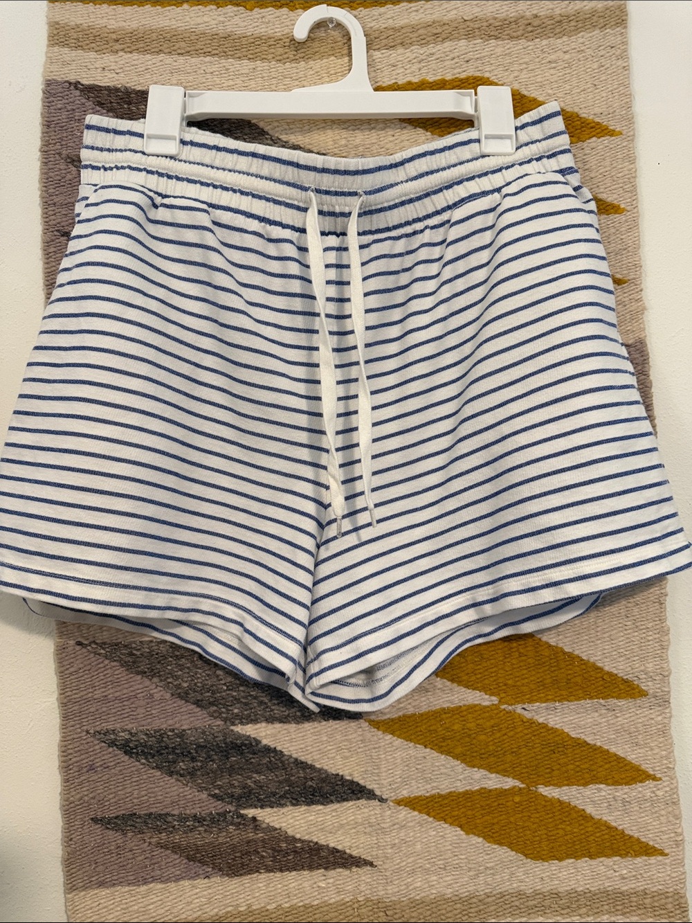 Striped Blue & White Drawstring Athletic Shorts